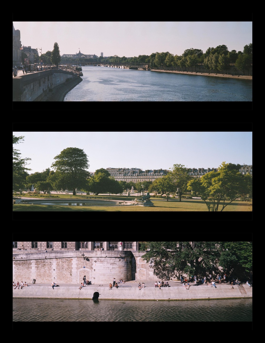 Three images show different views of a sunny day in Paris, including a river, a park, and people sitting by the water.