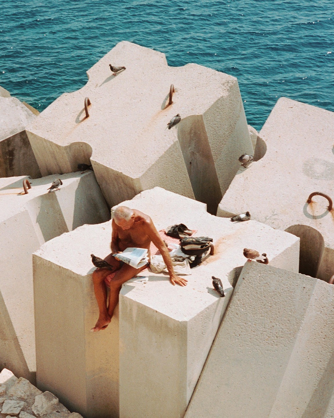 A man sits on concrete blocks by the sea, surrounded by pigeons.