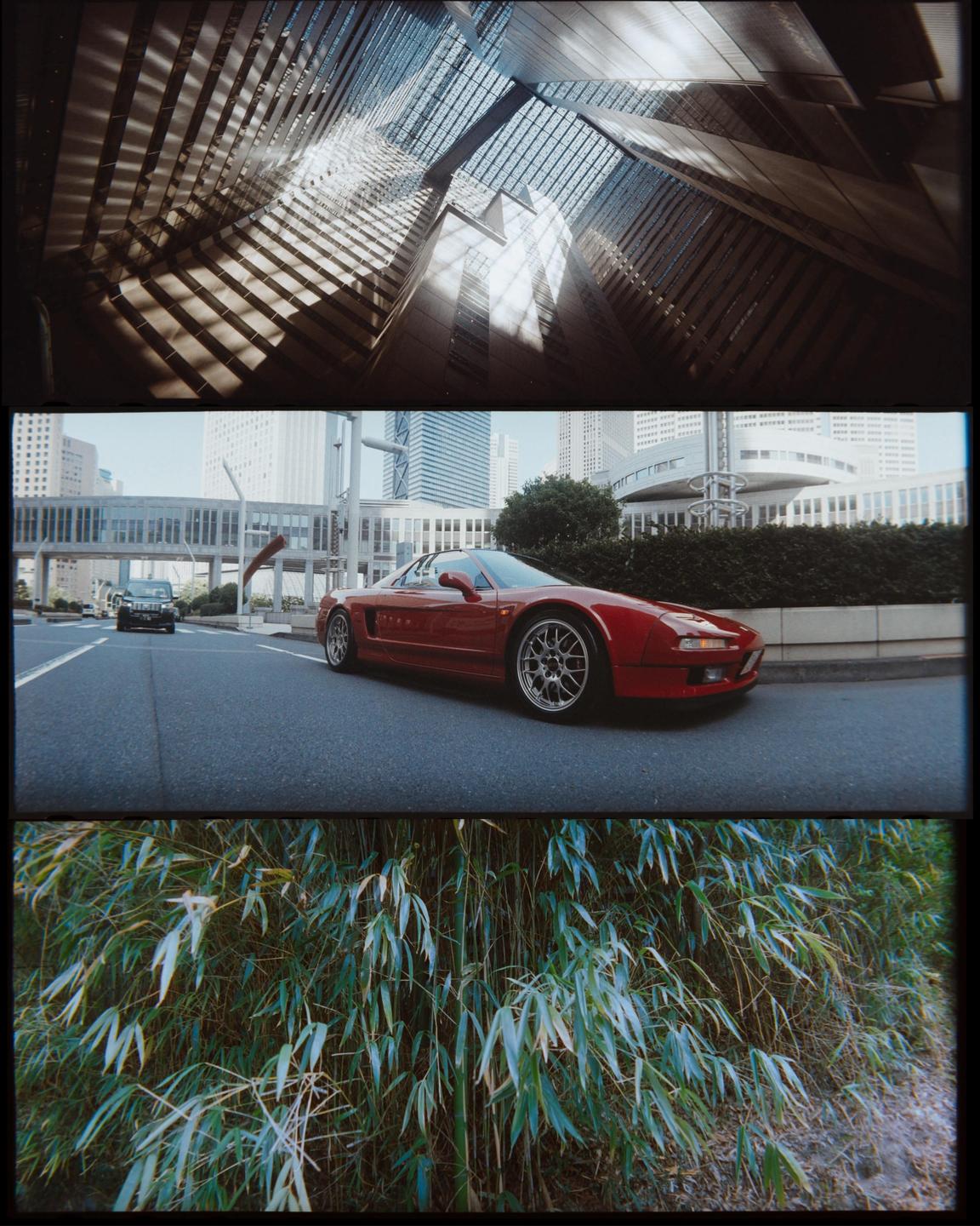Three distinct images are presented in a vertical triptych, featuring an architectural interior, a red sports car on a city street, and a dense bamboo forest.
