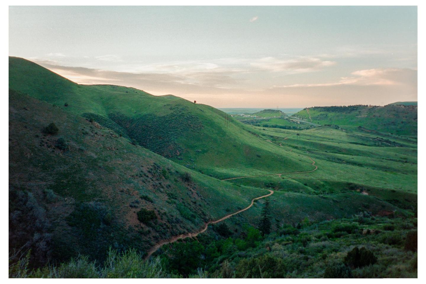 A winding dirt path leads through rolling green hills under a soft sky.