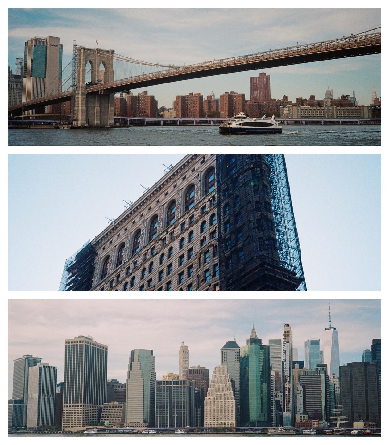 Three images show the Brooklyn Bridge, a building under construction, and the New York City skyline.