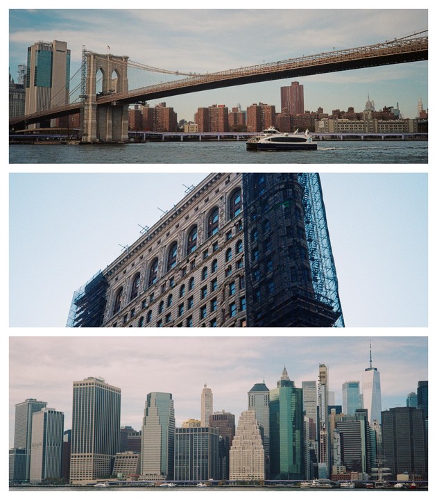 Three images show the Brooklyn Bridge, a building under construction, and the New York City skyline.