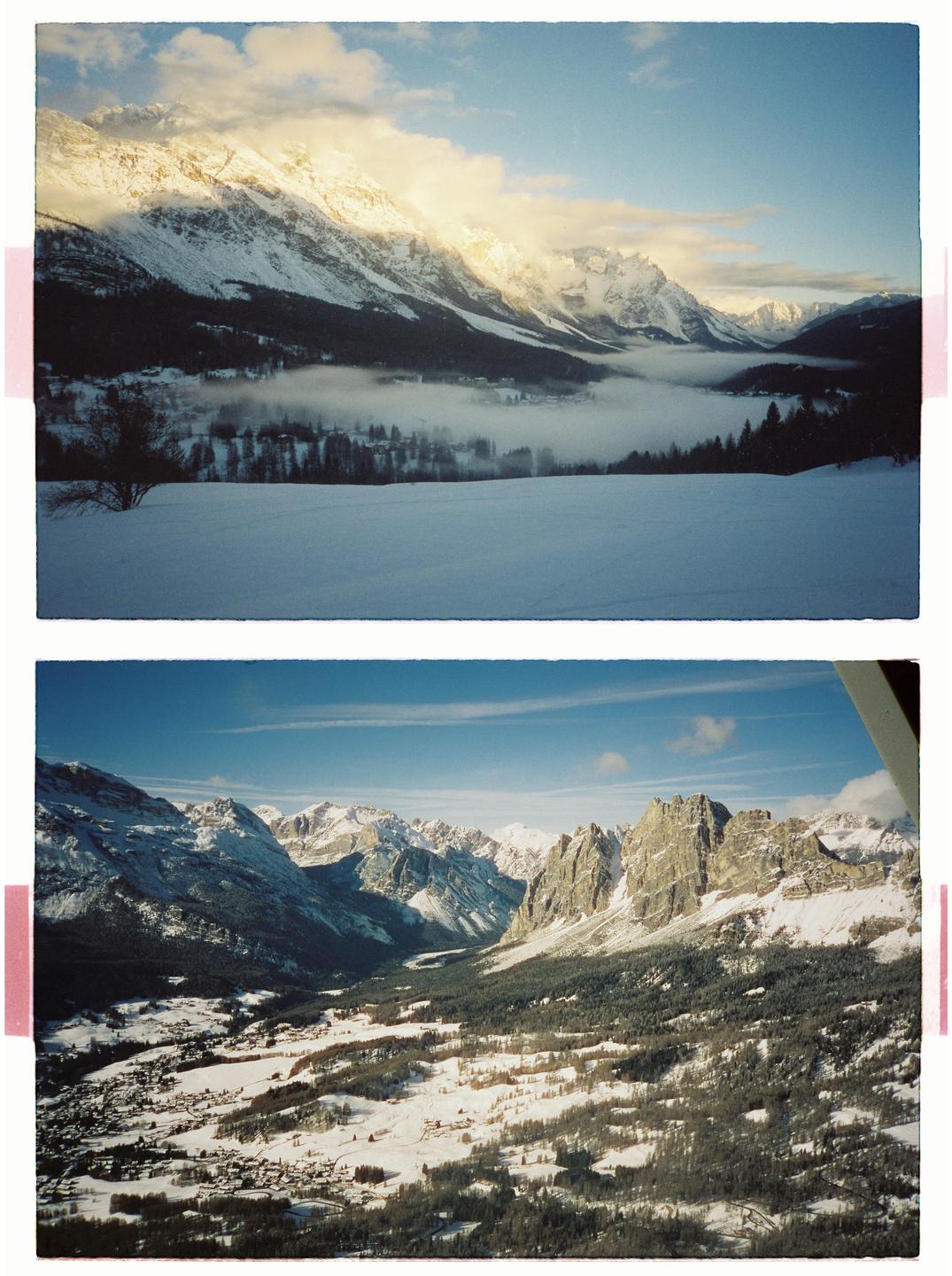 Two landscape photographs show snow-covered mountains and valleys, with the top image featuring a valley filled with fog and the bottom image showing a village nestled among the mountains.