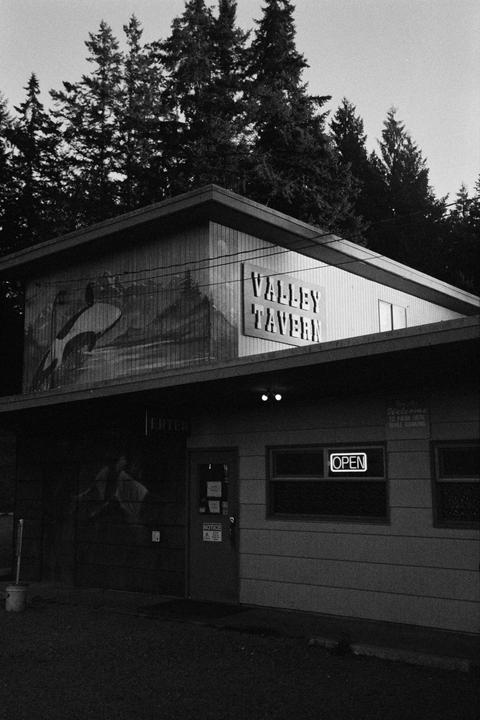 A tavern with an "OPEN" sign in the window is visible beneath a forest of tall trees.