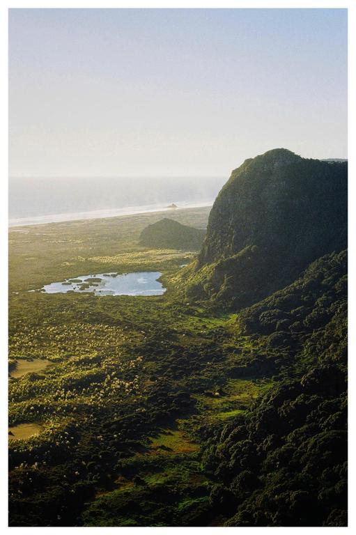 A vast landscape shows a body of water surrounded by wetlands and a large mountain next to a beach.