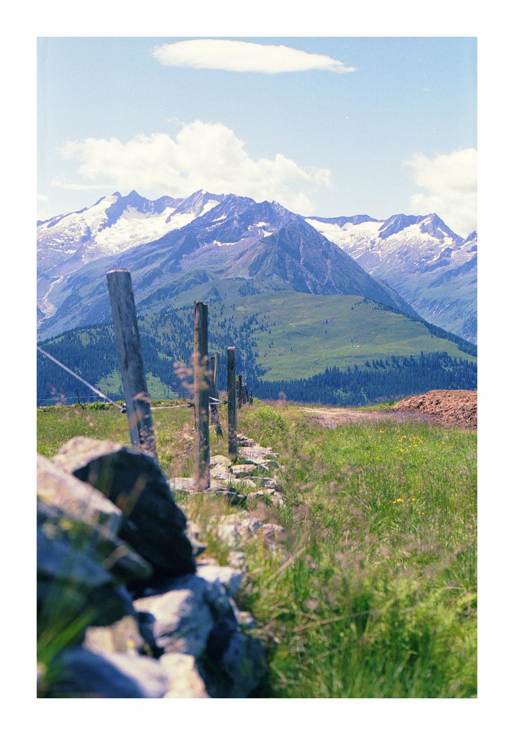 A fence made of wooden posts and rocks runs through a grassy field with snow-capped mountains in the background.