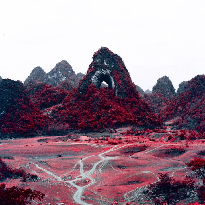 A landscape of red-leafed mountains and fields with dirt paths leading to a large cave opening in the central mountain.