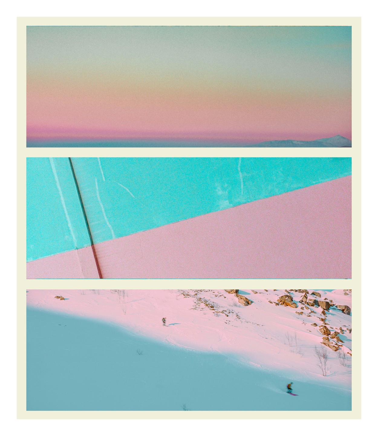 A triptych shows a mountain landscape with a colorful sky, a close-up of a pink and blue surface, and two skiers on a snowy slope.