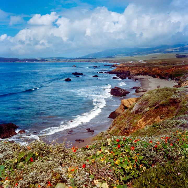 A rocky coastline with waves crashing on the shore is visible under a cloudy sky.