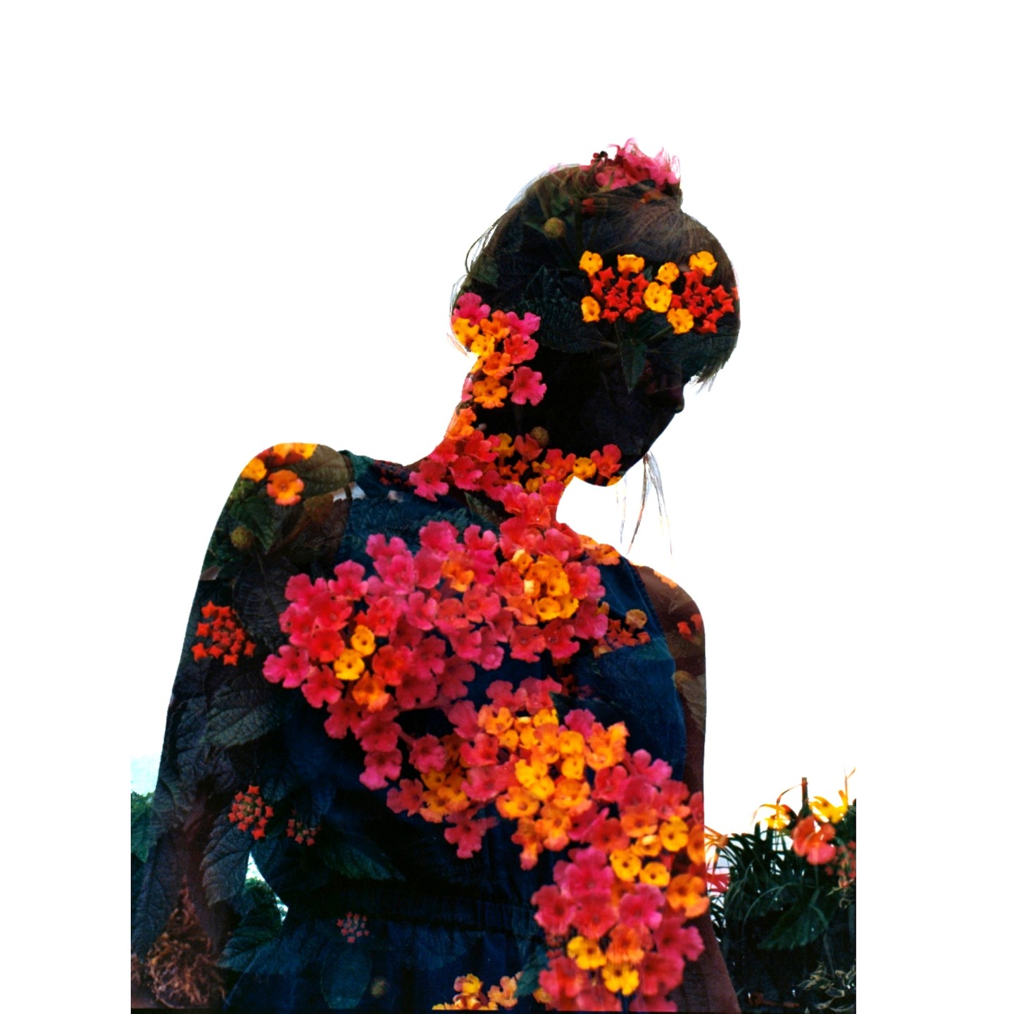 A double exposure shows a woman's silhouette filled with colorful flowers and foliage.