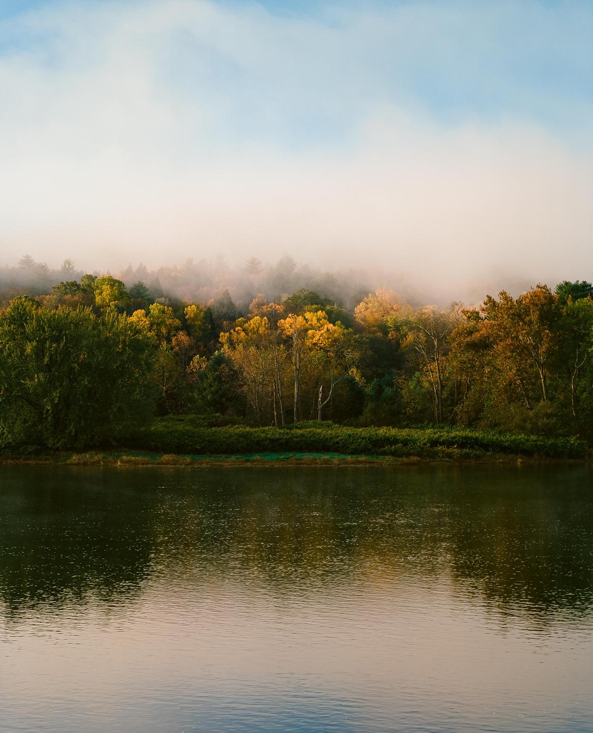 A misty forest with autumn foliage is reflected in a body of water under a blue sky.
