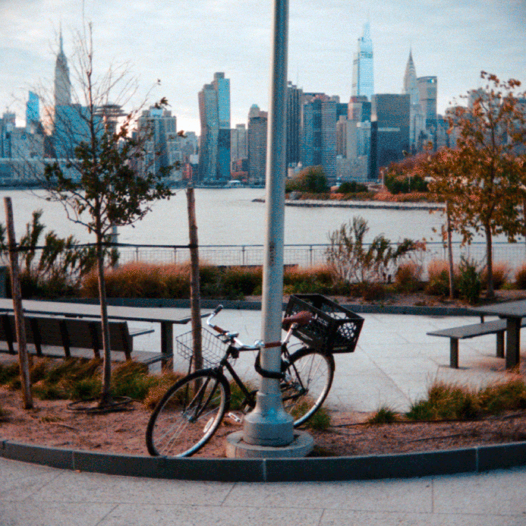 A bicycle is parked next to a lamppost with a city skyline and river in the background.