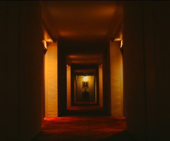 A long, dark hallway with a red carpet leads to a framed picture on a console table at the far end.