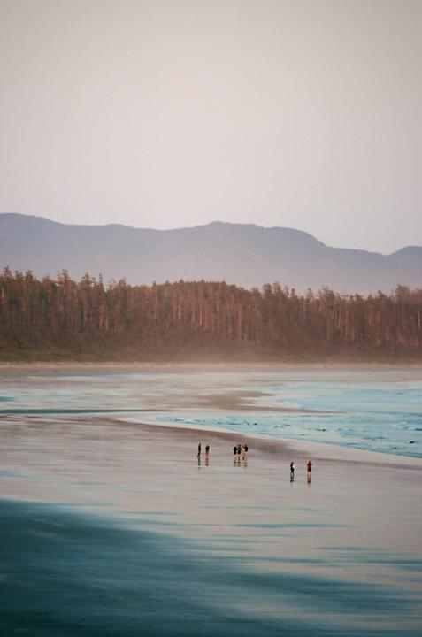 A group of people stand on a wet beach with a forest and mountains in the background.