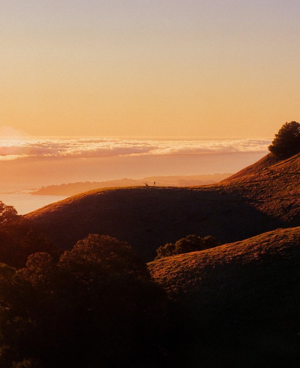 Two people stand on a hill overlooking a body of water and clouds during golden hour.
