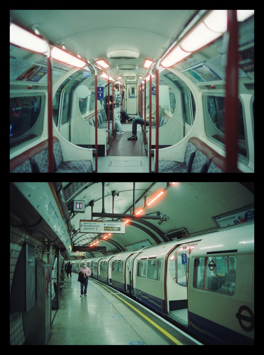 Two photographs show the interior of a London Underground train and a man walking on a platform next to a train.