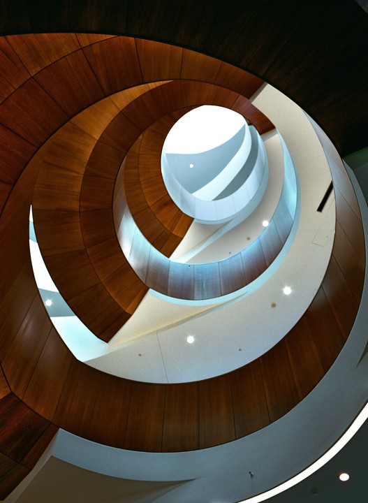 A low-angle view shows a spiral staircase with wooden walls and white steps leading up to a skylight.