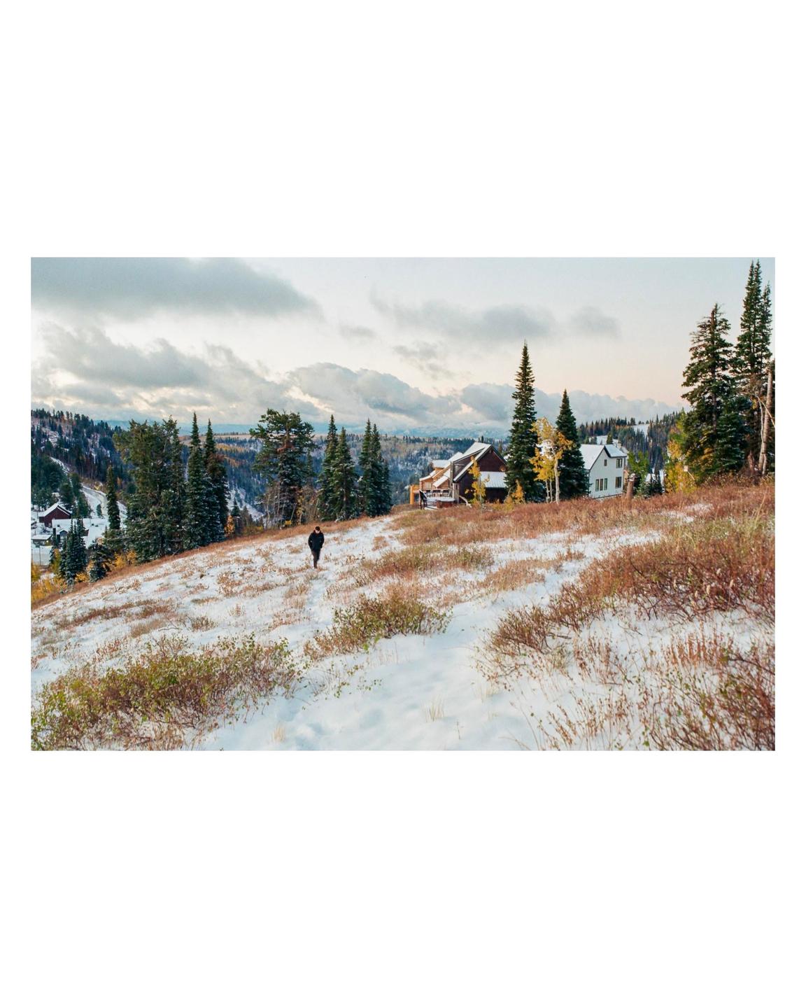A person walks through a snow-covered field towards houses and evergreen trees under a cloudy sky.