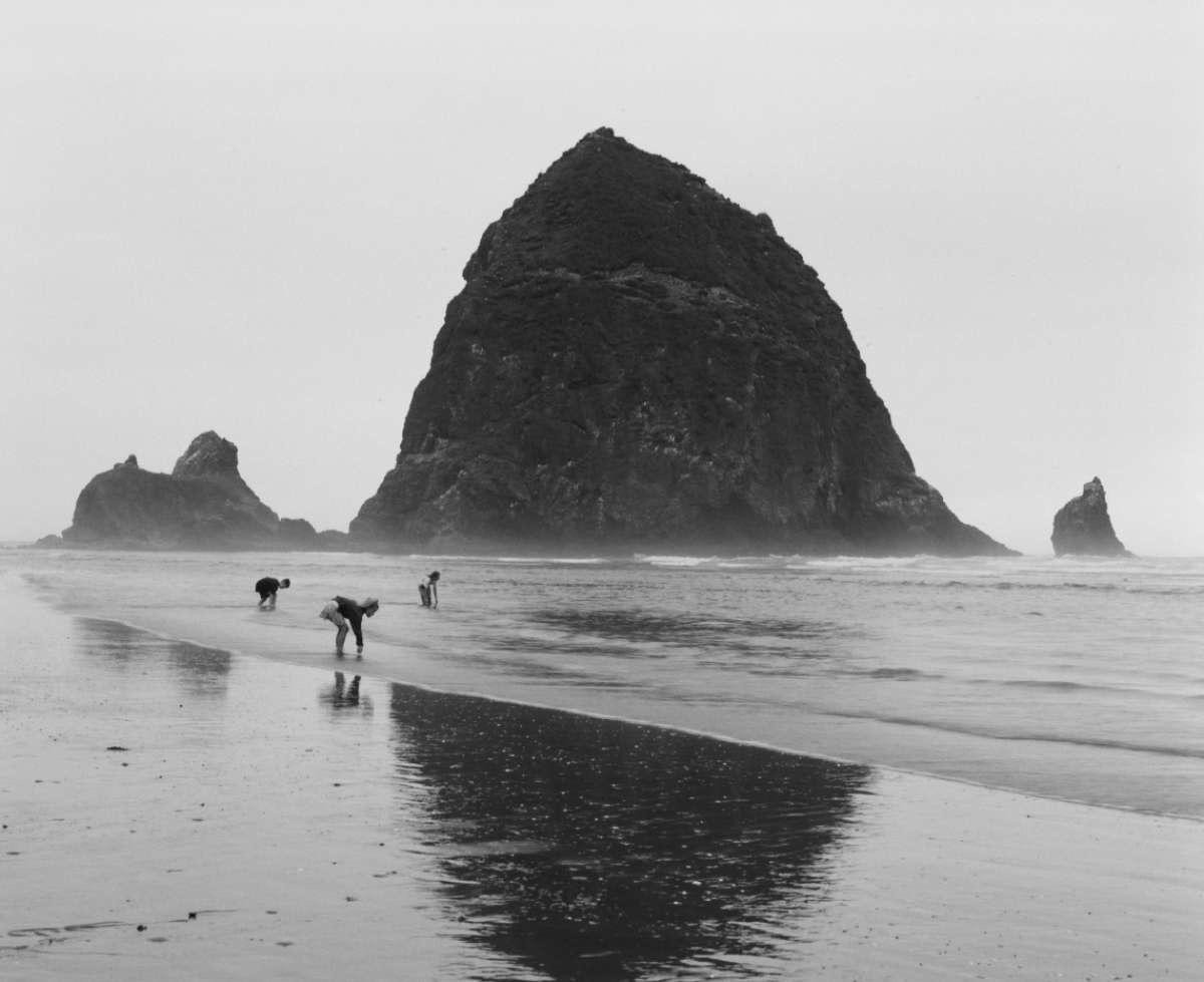 Three children play in the shallow water of a beach with large rock formations in the background.