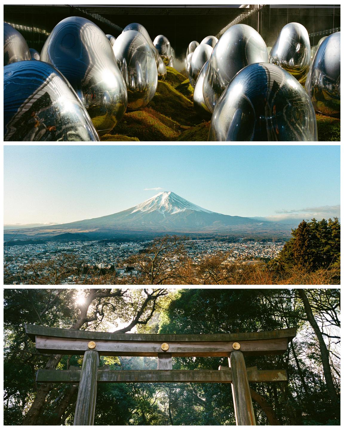 Three images are presented in a collage, showing an art installation, a mountain with a city, and a torii gate in a forest.