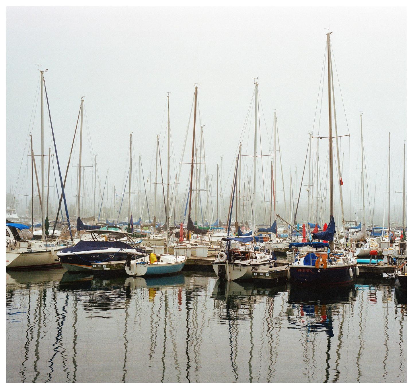 A marina filled with numerous sailboats and their reflections on the water is shrouded in fog.