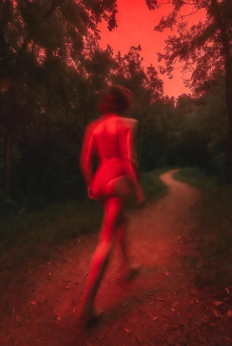 A blurry figure of a woman in red walks away on a winding path through a forest with a red sky.