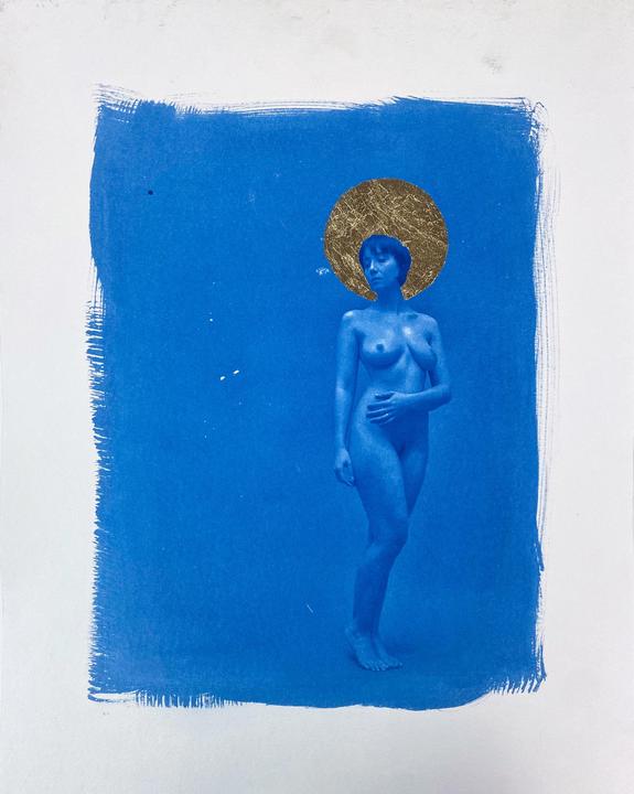A nude woman with a golden halo stands against a blue background.