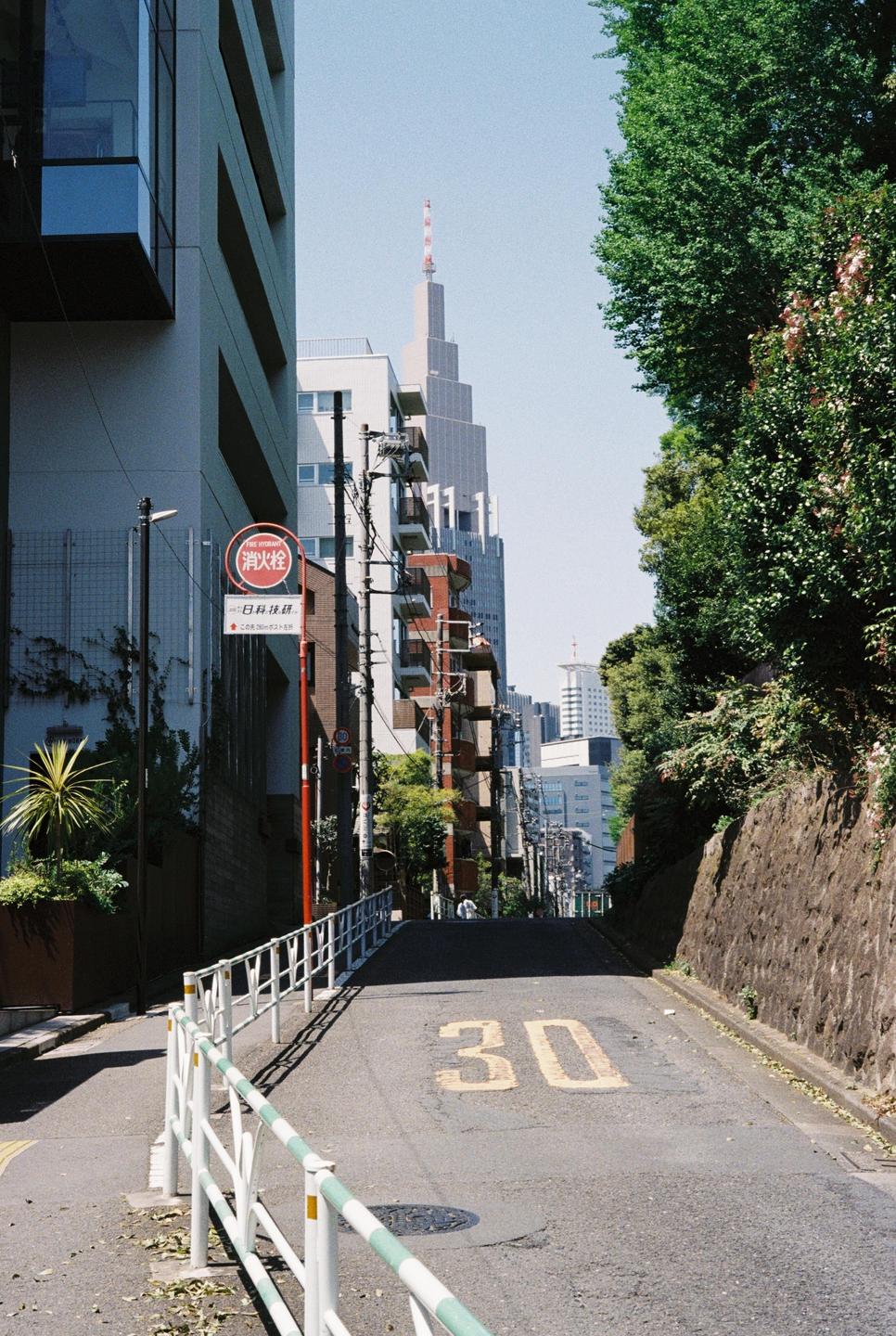 A steep street with a "30" painted on the asphalt leads up to a city skyline with a prominent tower.