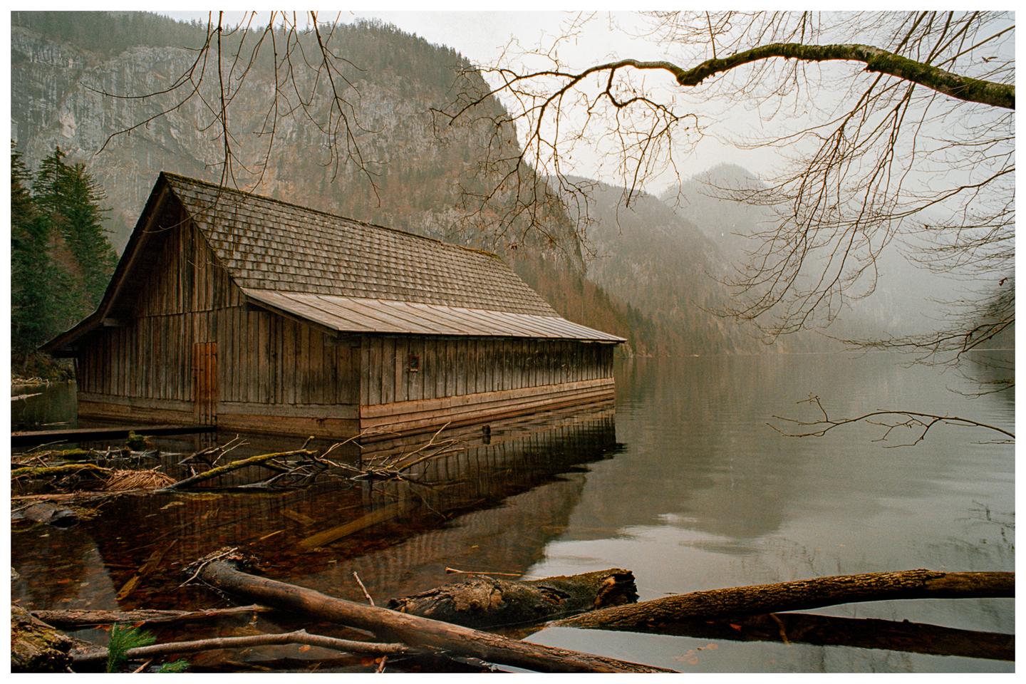 A wooden boathouse sits on a misty lake with mountains in the background and bare tree branches in the foreground.