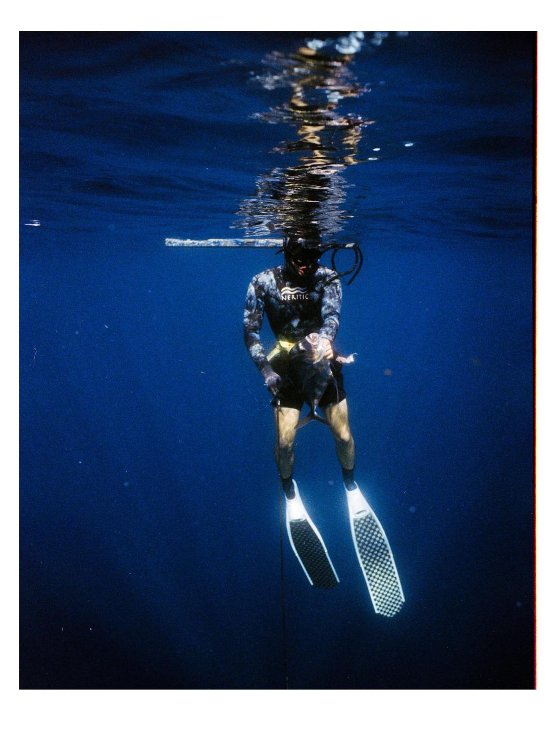 A man in a wetsuit and fins is underwater, holding a fish.