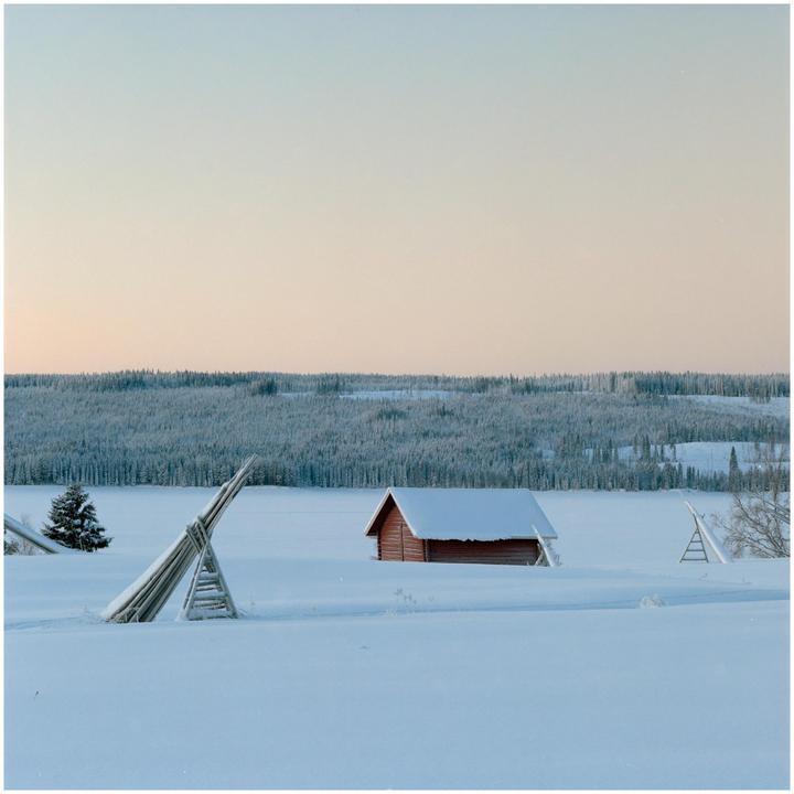 A small red cabin sits in a snow-covered field with a forest in the background under a pale sky.