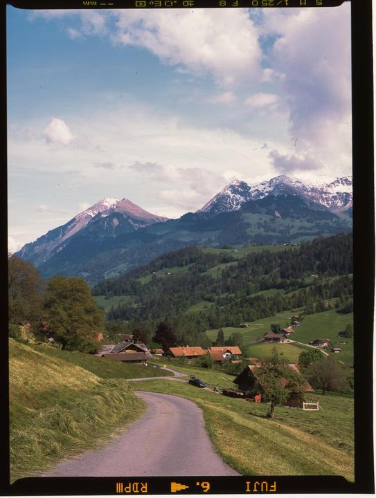 A winding road leads through a green valley with houses towards snow-capped mountains under a cloudy sky.