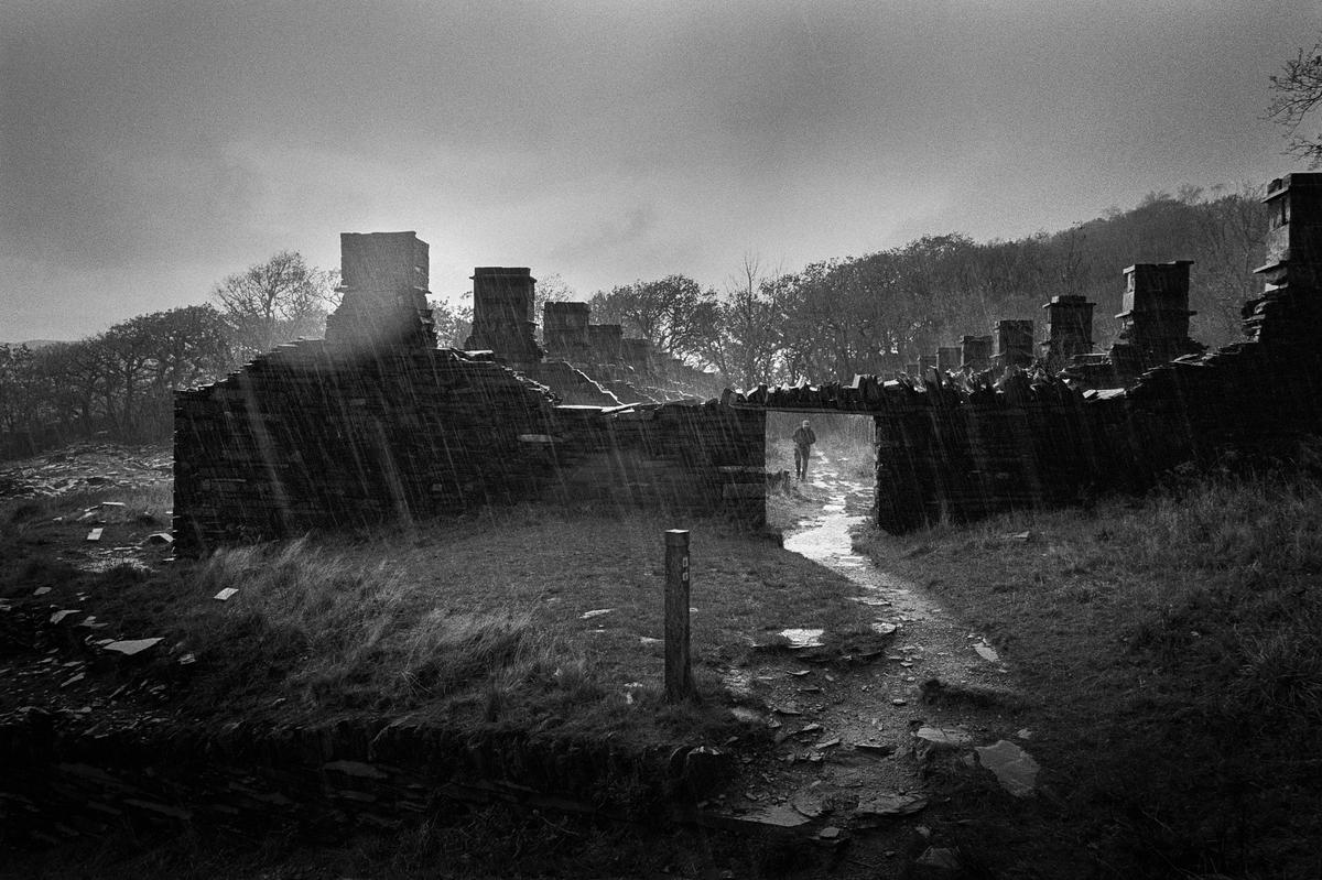 A man walks with a dog through the ruins of a stone building in the rain.