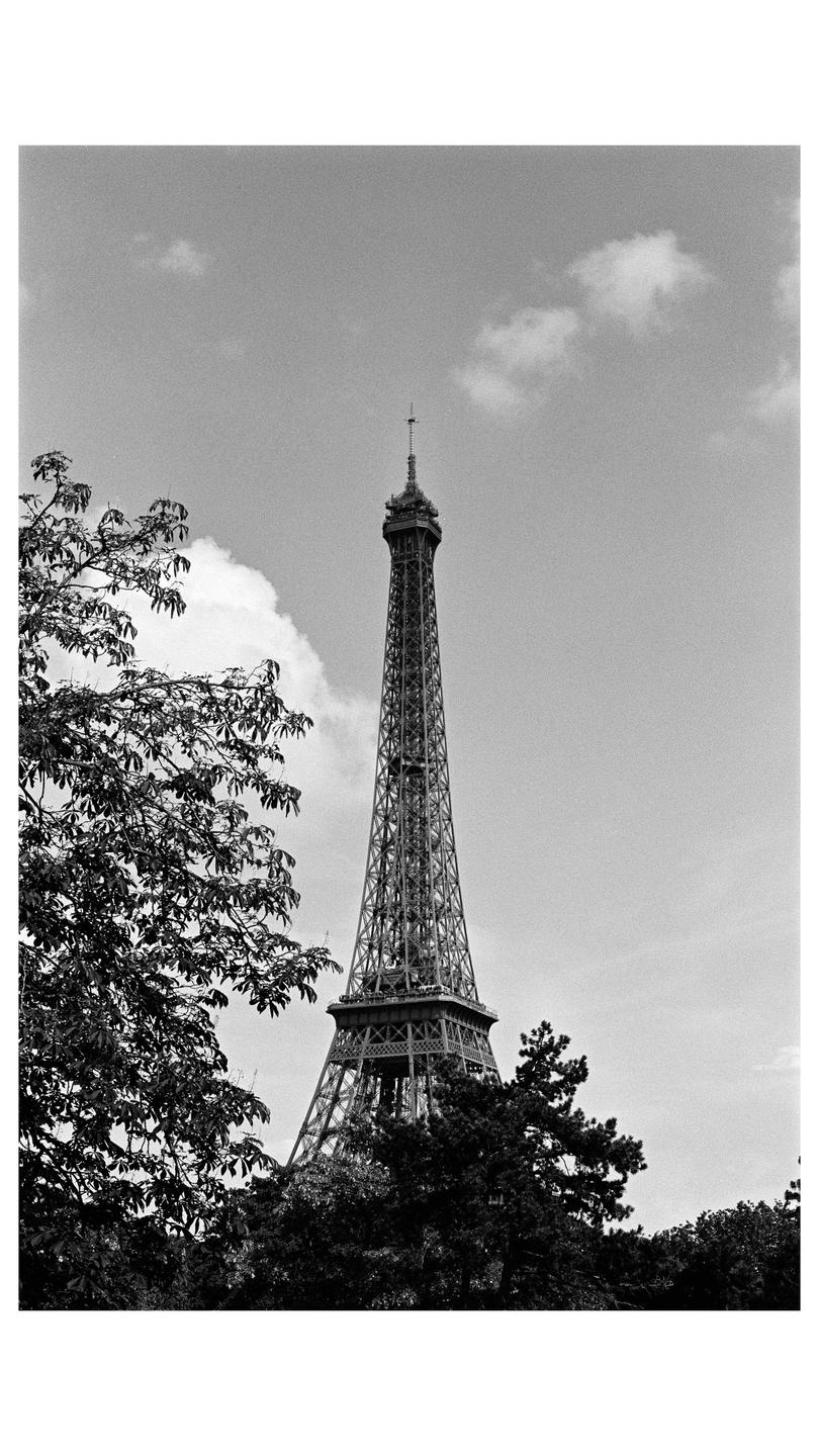 The Eiffel Tower rises above trees and clouds.