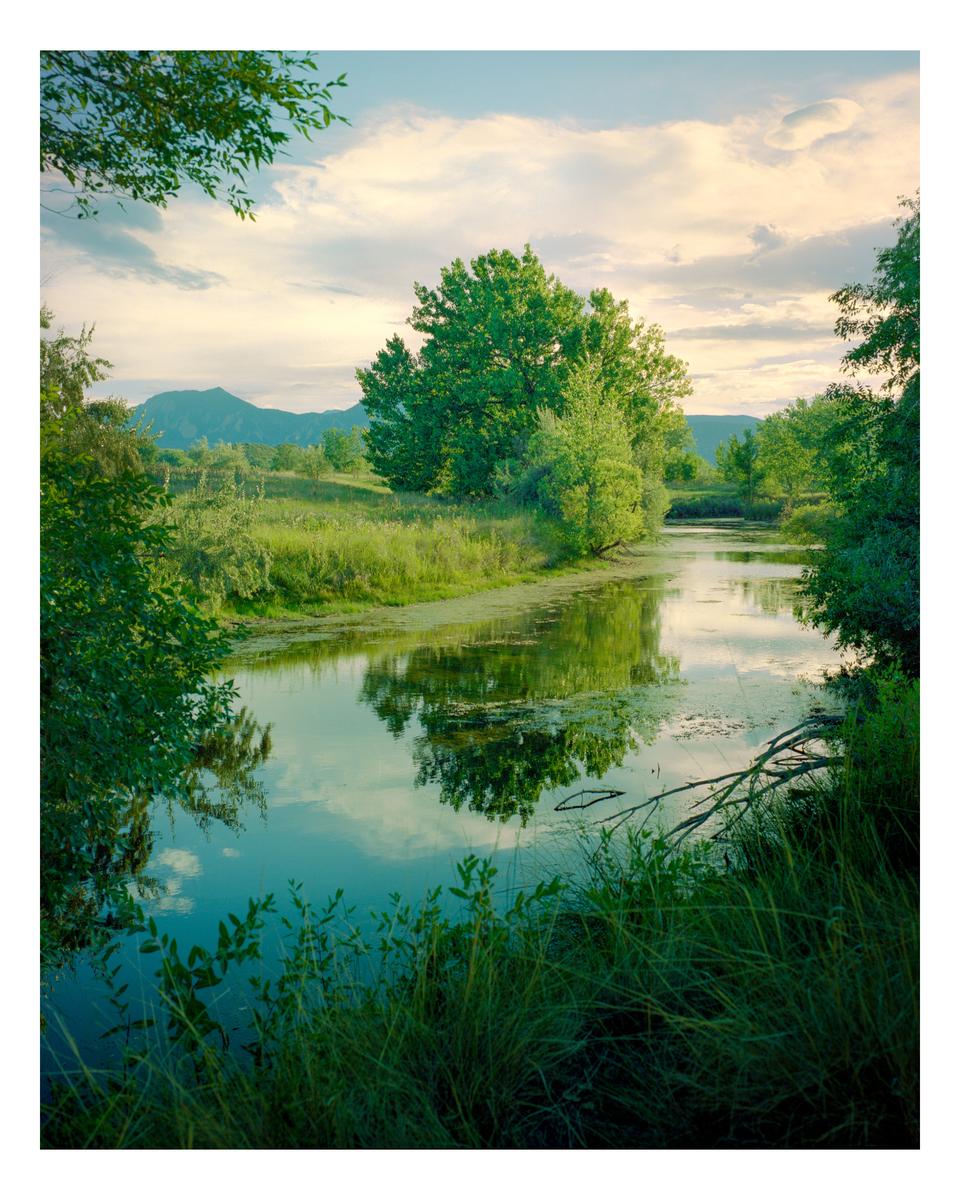 A pond with trees and mountains in the background is visible under a cloudy sky.