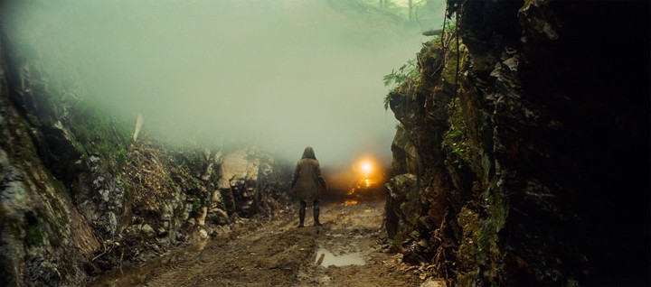 A person in a hooded coat stands on a muddy path between rocky, moss-covered walls, looking towards a bright light in the distance through thick fog.