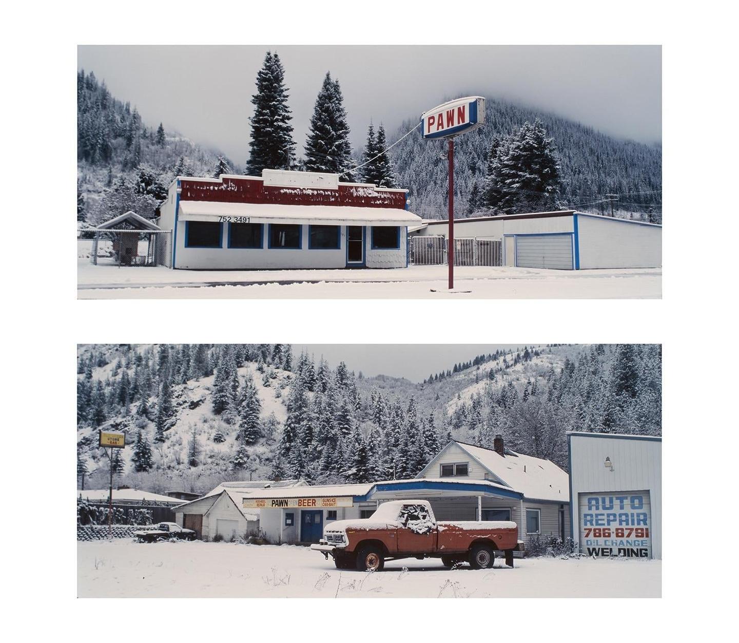 Two snow-covered buildings with a pawn shop sign and an orange pickup truck are visible in a winter landscape.