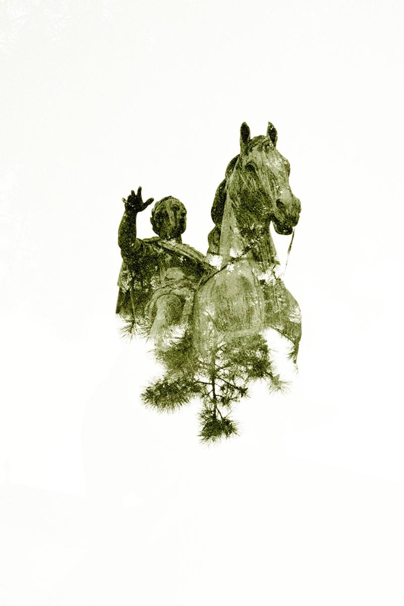 A double exposure shows a statue of a man on a horse overlaid with a tree branch.