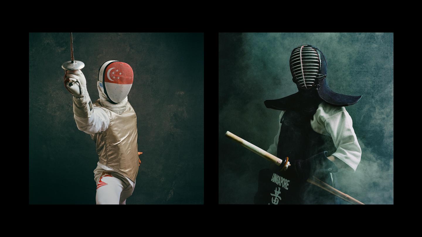 A diptych shows a fencer in a white uniform and a kendoka in a dark uniform, both wearing protective headgear.