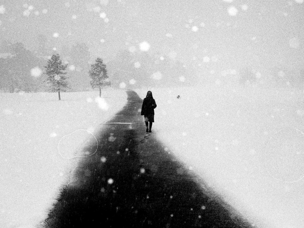 A person walks away on a snow-covered road with trees in the distance during a blizzard.