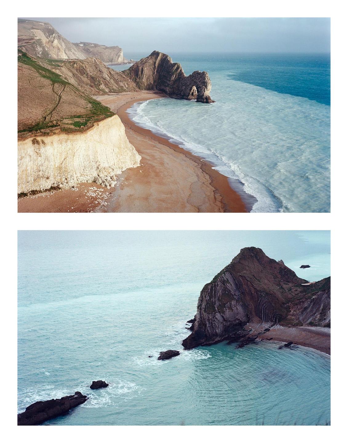 Two images show the Jurassic Coast with cliffs, a beach, and the sea, with the top image showing a natural arch.