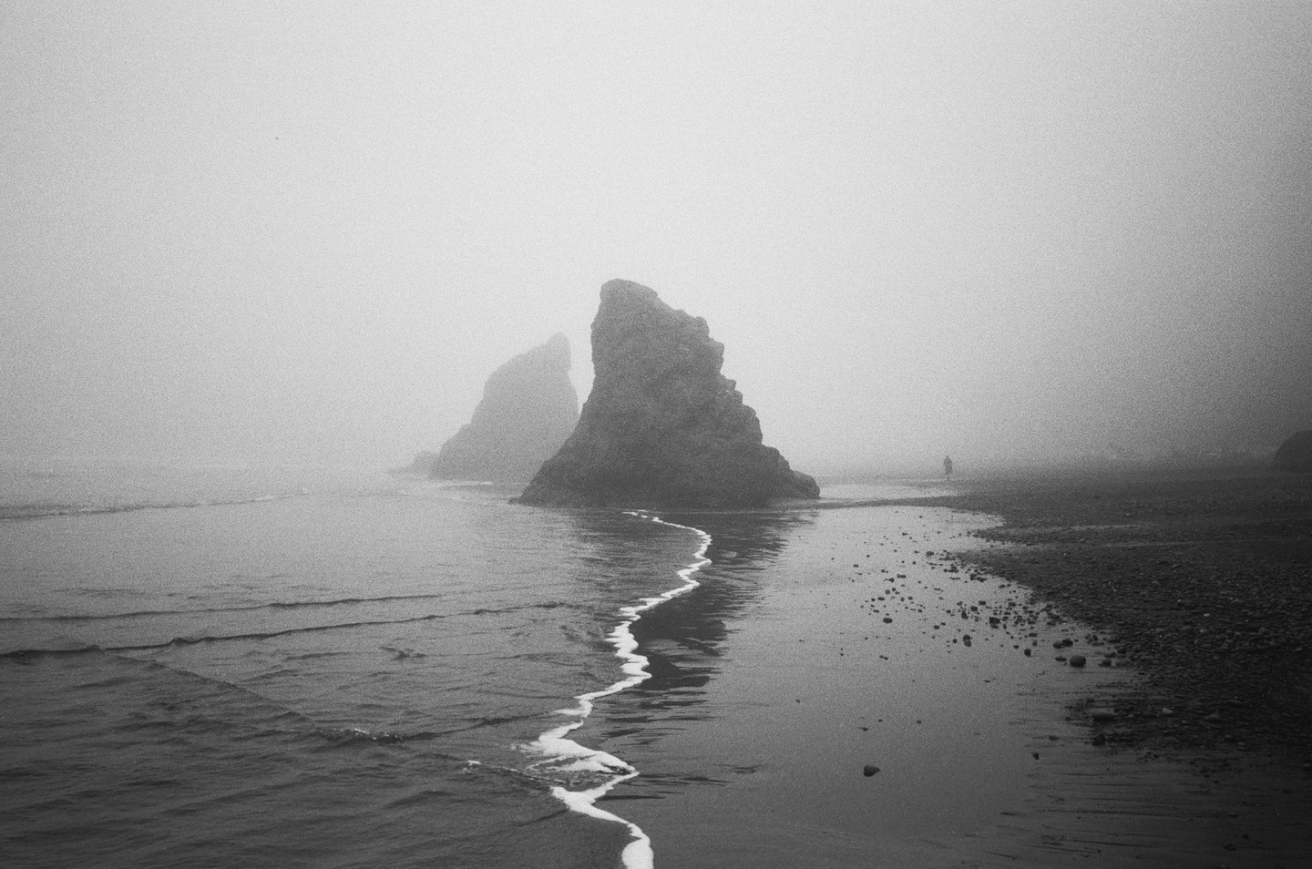 A person walks on a foggy beach with large rock formations and a foamy wave.