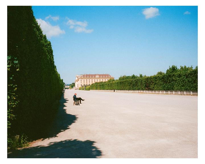 A man sits on a bench along a wide gravel path lined with tall hedges, with a large building in the distance under a clear sky.