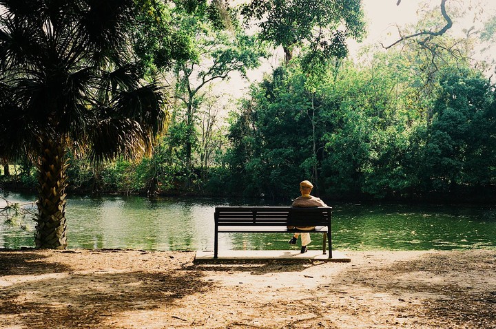 A man sits on a bench facing a body of water surrounded by trees.