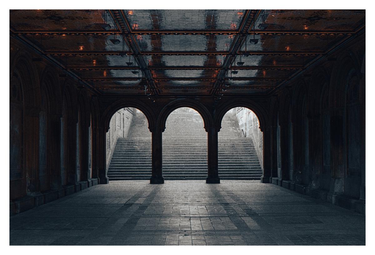 Sunlight casts shadows across the floor of a dark, arched hallway leading to a wide stone staircase.