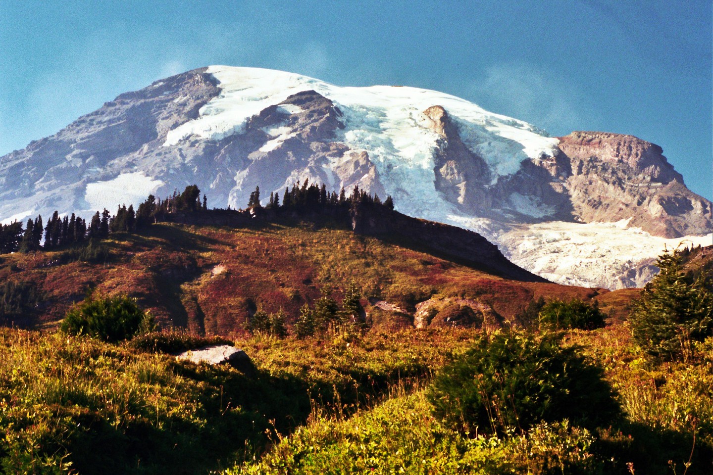 A snow-capped mountain rises above a hillside covered in trees and autumn foliage.