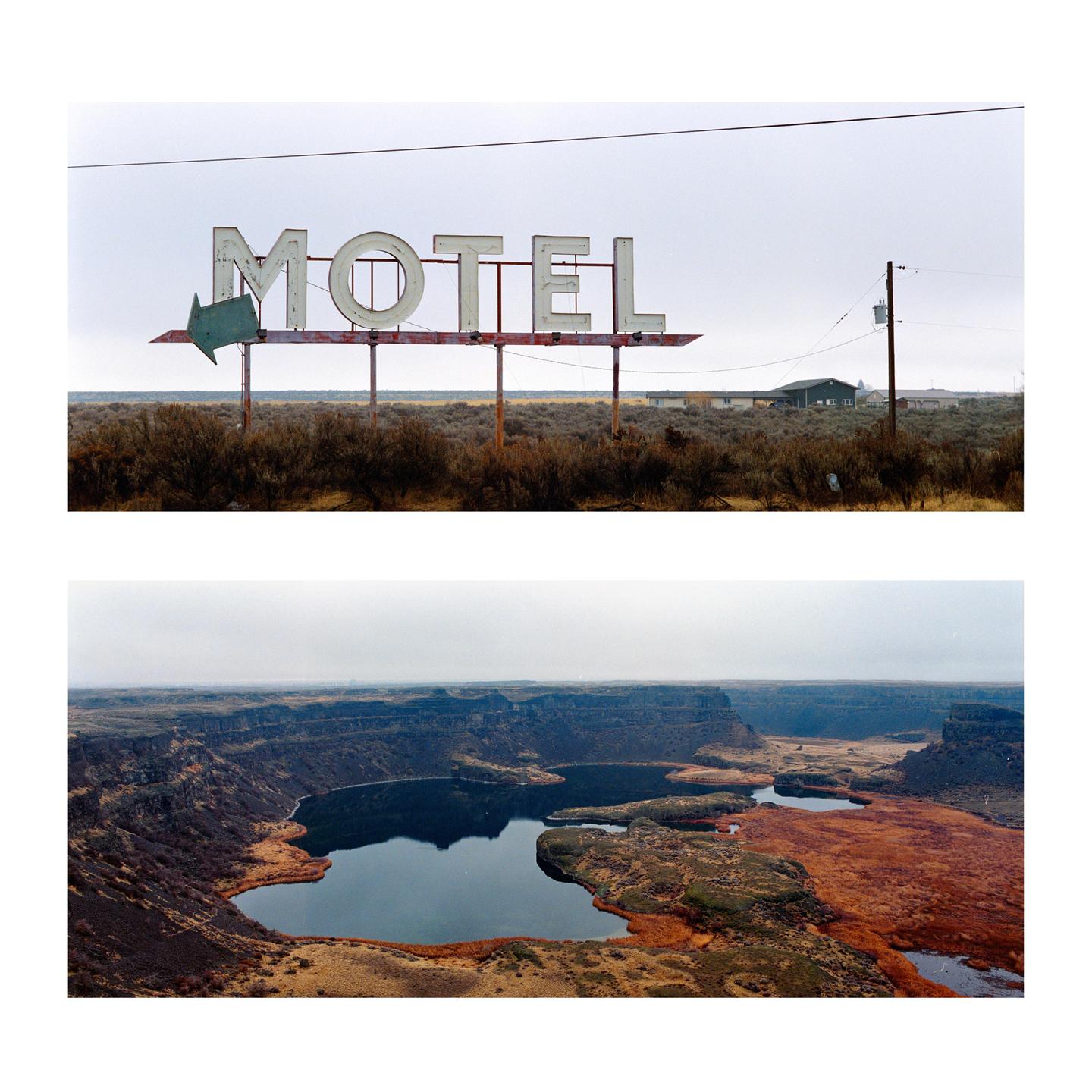 A diptych shows a motel sign in a field and a lake surrounded by cliffs and red foliage.