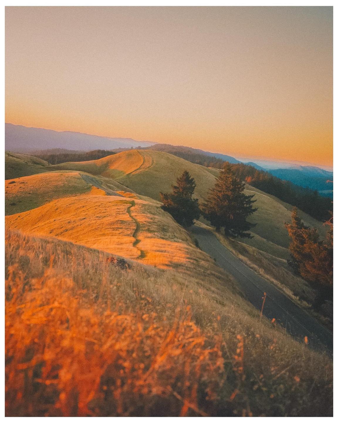 A winding path leads over rolling hills at sunset, with trees and mountains in the distance.