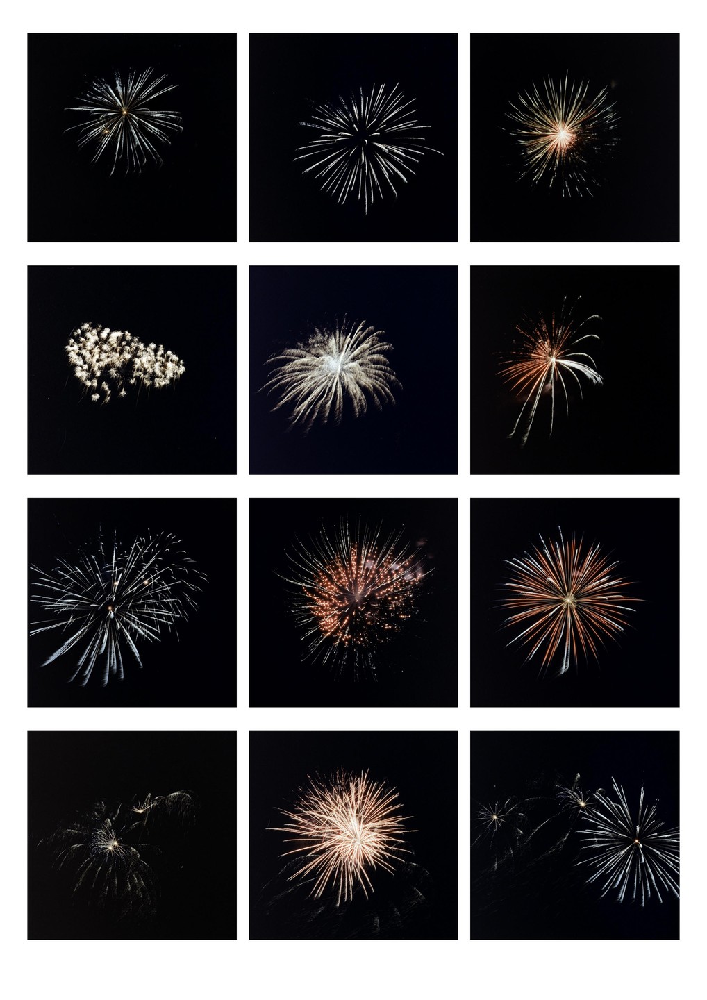 A grid of twelve square photographs displays various fireworks exploding against a dark night sky.