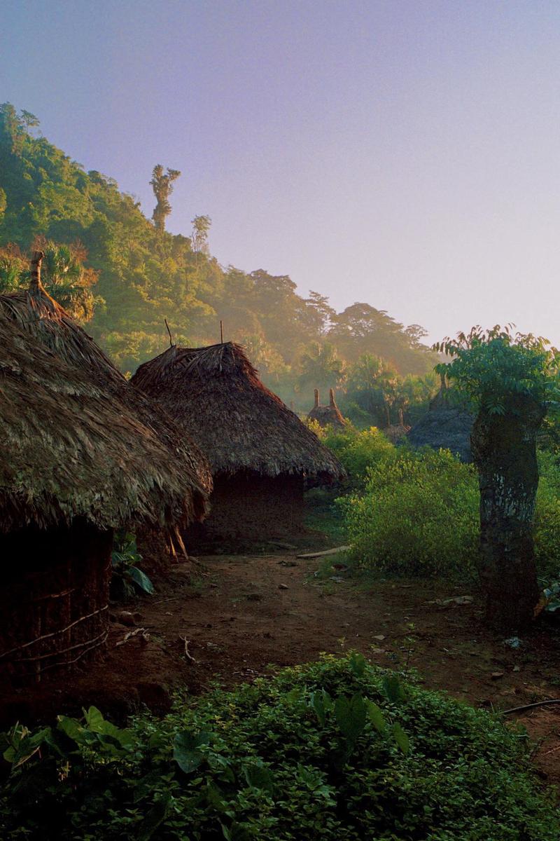 A village of thatched-roof huts is nestled in a lush, green valley with a hazy sky.